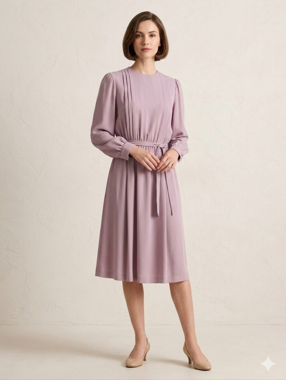 Ponte Dusty Rose Long-Sleeve Midi Dress with  Waist Belt